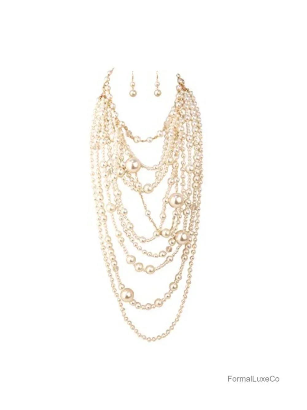 Multilayer Strand Faux Pearls Beads Cluster Long Choker Necklace with Drop